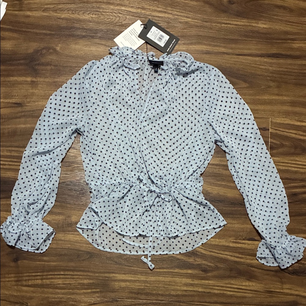 Who What Wear Light Blue Polka Dot Tie-Front Blouse